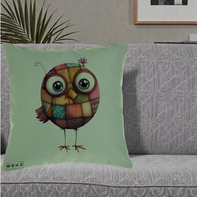 Perna Decorativa Pasare Patchwork Roz cu Floare, 40x40 cm, Verde, Husa Detasabila, Perna Inclusa, BEKZ®