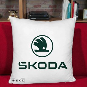 Perna Personalizata cu emblema Skoda, 40x40 cm, Alb Pufos, Husa Detasabila, Perna Inclusa, BEKZ®