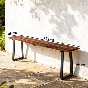 Outsunny Banc de grădină din lemn fără spătar, picioare trapezoidale din oțel, 2 locuri cu aspect de lemn, 150x28x48 cm, carbonizat | Aosom Romania