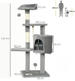 PawHut Copac de pisici multifuncțional zgârie zgâriețuri platforme adăpost sfoară jucării 40 x 40 x 114 cm gri | Aosom Romania