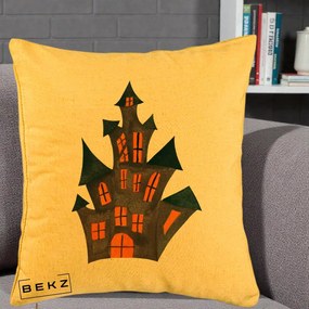 Perna Decorativa Halloween Casa Bantuita Minimalista, 40x40 cm, Galben, Husa Detasabila, Perna Inclusa, BEKZ®