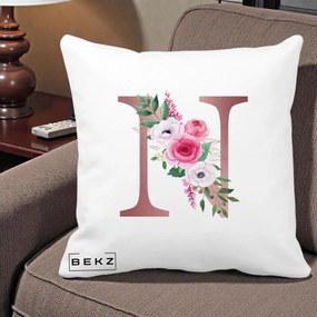 Cadou Personalizat - Perna Personalizata Monograma Rose Gold Litera N, 40x40 cm, Alba Mata, Husa Detasabila, Perna Inclusa, BEKZ®