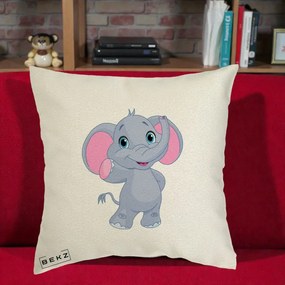 Perna Decorativa Pui de Elefant Kawaii, 40x40 cm, Ecru, Husa Detasabila, Perna Inclusa, BEKZ®