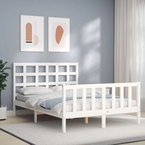 3192082 vidaXL Cadru de pat cu tăblie, 140x190 cm, alb, lemn masiv