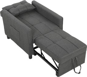 HOMCOM Fotoliu Pat Single 3 în 1 din Material Textil Tip In și Lemn cu Spătar Reclinabil, Pernă, Buzunare, Gri | Aosom Romania