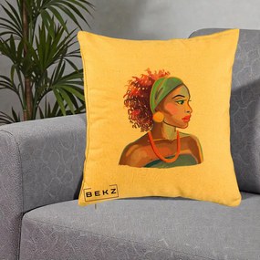 Perna Decorativa Portret Femeie Urbana Acuarela, 40x40 cm, Galben, Husa Detasabila, Perna Inclusa, BEKZ®
