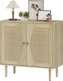 HOMCOM Bufet de bucătărie, mobilier de depozitare cu două uși și 2 niveluri, fațadă din cannage, 80 x 38 x 79 cm efect lemn natural | Aosom Romania