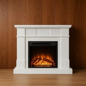 RESIGILAT- Semineu electric cu mască MDF, flacără LED, bușteni decorativi, sunet lemne, termostat, timer, telecomandă, Alb