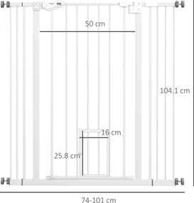 PawHut Poartă Reglabilă pentru Câini Înaltă cu Ușă Mică și Închidere Automată, 74-101x104cm, Alb | Aosom Romania