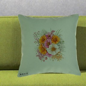 Perna Decorativa Buchet Cosmos Portocaliu Roz si Alb, 40x40 cm, Verde, Husa Detasabila, Perna Inclusa, BEKZ®