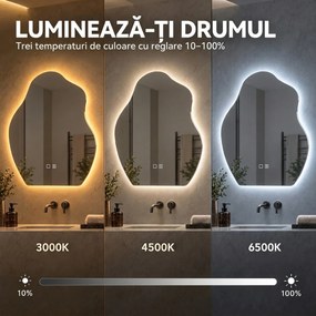 HOMCOM Oglindă baie LED 80 x 60 cm, 3 culori, design neregulat, Bluetooth, antiaburire, touch | Aosom Romania
