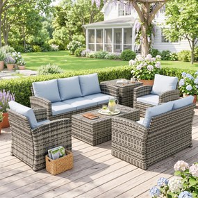 Outsunny Set de mobilier de gradina din ratan de 6 piese, canapea si 2 fotolii tapitate pentru 7 persoane, bej | Aosom Romania
