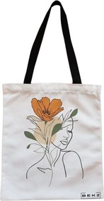Sacosa de Panza pentru Cumparaturi, Geanta Tote, Flower Lady 1, Cu fermoar, 38x34.5 cm, Alba, BEKZ®