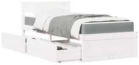 vidaXL Pat cu sertare și saltea, alb, 90x190 cm, lemn masiv pin