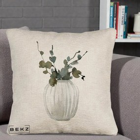 Perna Decorativa Vaza cu Eucalipt Watercolor, 40x40 cm, Bej Canapea, Husa Detasabila, Perna Inclusa, BEKZ®