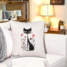 Perna Decorativa Pisica Neagra Grafica Flori Rosii, 40x40 cm, Bej cu Franjuri, Husa Detasabila, Perna Inclusa, BEKZ®