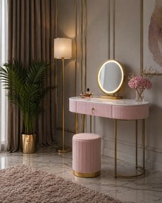 Set ASHLEY, Masă de toaletă pentru machiaj cu oglindă iluminată LED, control touch, sertar, taburet, 100x40x76 cm, Roz/Auriu