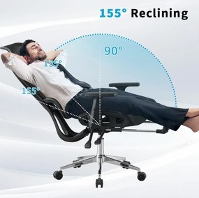 RIGACHAIR Scaun ergonomic, cotiere 2D, tetiera 2D, recliner 155°, suport picioare, Full Mesh, Negru