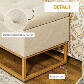 HOMCOM Bancă de Depozitare cu Șezut, Bancă Tapițată Dreptunghiulară, Taburet din Stofă de In cu Picioare de Oțel, 110x44x48 cm, Bej | Aosom Romania