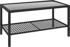 Outsunny Măsuță de Cafea din Ratan pe 2 Niveluri cu Raft, Blat din Sticlă Securizată, Măsuță de Exterior cu Cadru din Oțel, 92x50x45 cm, Negru | Aosom Romania