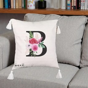 Cadou Personalizat - Perna Personalizata Monograma Florala Litera B, 40x40 cm, Bej cu Franjuri, Husa Detasabila, Perna Inclusa, BEKZ®