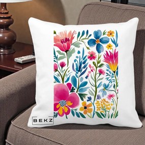 Perna Decorativa Gradina Florala Acuarela Colorata, 40x40 cm, Alba Mata, Husa Detasabila, Perna Inclusa, BEKZ®