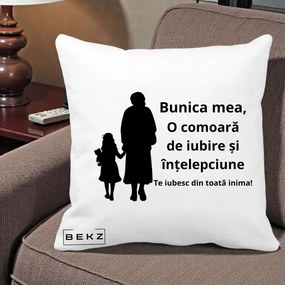 Cadou pentru Bunica - Perna Personalizata Bunica Mea Comoara Iubire Intelepciune Silueta, 40x40 cm, Alba Mata, Husa Detasabila, Perna Inclusa, BEKZ®