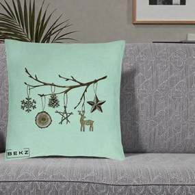 Perna Decorativa Ornamente de Lemn pe Ramura, 40x40 cm, Verde Menta, Husa Detasabila, Perna Inclusa, BEKZ®