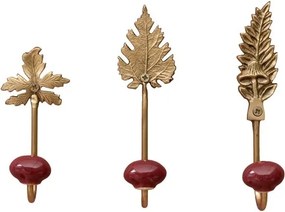 Set 3 cuiere de perete din metal și ceramică, auriu și bordo, frunze sculptate și sferă din ceramică, finisaj lucios, 15,5 x 4 cm, „Feuilles”