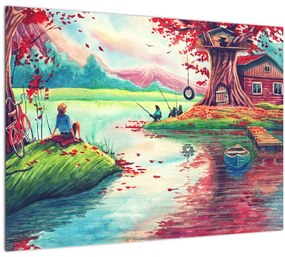 Tablou pe sticlă - Acuarelă, Golf într-un sat de munte (70x50 cm)
