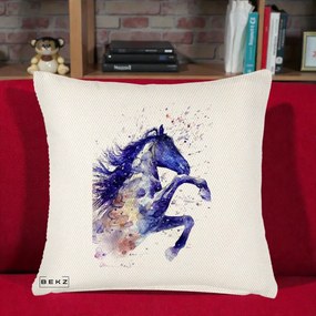 Perna Decorativa Cal Albastru Acuarela, 40x40 cm, Crem Reliefat, Husa Detasabila, Perna Inclusa, BEKZ®