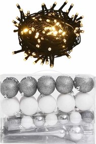vidaXL Set globuri Crăciun cu vârf & 150 LED-uri 60 piese alb & gri