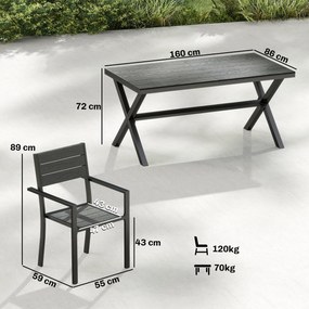 Outsunny Set de Masă pentru Exterior 7 Piese pentru 6 Persoane, Masă și Scaune Stivuite cu Lamele Efect Lemn, Cadru din Aluminiu, Gri | Aosom Romania