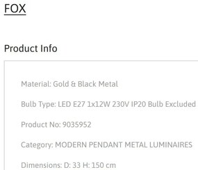 Lustra /Pendul metalic design modern FOX negru/auriu