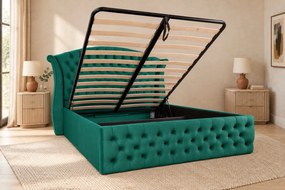 Pat tapițat Chesterfield din catifea Sorella Simple 160×200 cm, verde, cu ladă de depozitare