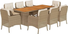 vidaXL Set de masă pentru grădină, 9 piese, cu perne, bej, poliratan