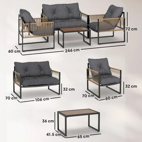 Outsunny Set mobilier grădină, 4 piese, canapea, 2 scaune, masă cu blat din sticlă, cadru metalic, polyratan, antracit | Aosom Romania