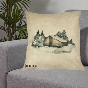 Perna Decorativa Cabana de Iarna in Padure, 40x40 cm, Crem, Husa Detasabila, Perna Inclusa, BEKZ®
