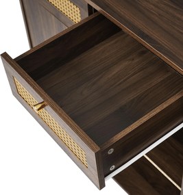 Comodă bufet, 3 sertare + 2 dulapuri cu raft central deschis și fețe din ratan, 120x40x85 cm, Maro