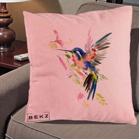 Perna Decorativa Colibri Acuarela, 40x40 cm, Roz, Husa Detasabila, Perna Inclusa, BEKZ®