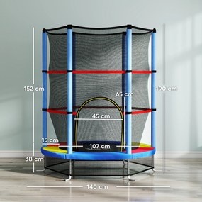 HOMCOM Saltea Elastică pentru Copii 3-6 Ani cu Plasă de Protecție, 6 Stâlpi și 3 Intrări, Ø140x190 cm, Multicolor | Aosom Romania