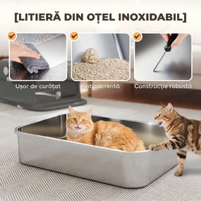 PawHut Litieră Închisă pentru Pisici 52 L din Oțel Inoxidabil, cu Capac Rabatabil, Acces Dublu și Lopățică, Negru | Aosom Romania
