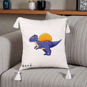 Perna Decorativa Spinozaur Kawaii, 40x40 cm, Bej cu Franjuri, Husa Detasabila, Perna Inclusa, BEKZ®