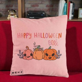 Perna Decorativa Happy Halloween Boo Trei Dovlecei Kawaii, 40x40 cm, Roz, Husa Detasabila, Perna Inclusa, BEKZ®