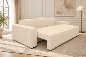 Canapea extensibilă Perla din boucle, crem, cu ladă de depozitare