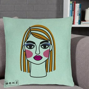 Perna Decorativa Portret Pop Art Fata, 40x40 cm, Verde Menta, Husa Detasabila, Perna Inclusa, BEKZ®