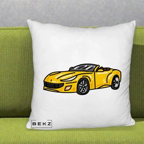 Perna Personalizata Masina Cabriolet Galbena Grafic, 40x40 cm, Alb Pufos, Husa Detasabila, Perna Inclusa, BEKZ®