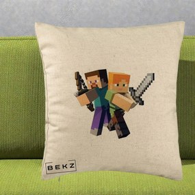 Perna Personalizata Minecraft Steve si Alex, 40x40 cm, Bej, Husa Detasabila, Perna Inclusa, BEKZ®