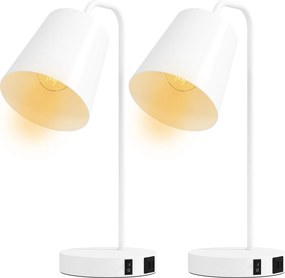HOMCOM Set de 2 Veioze Moderne din Oțel cu Porturi USB, Soclu E27, Bec Neinclus, Alb | Aosom Romania