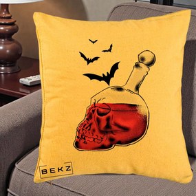 Perna Decorativa Halloween Craniu-Sticla cu Lilieci, 40x40 cm, Galben, Husa Detasabila, Perna Inclusa, BEKZ®
